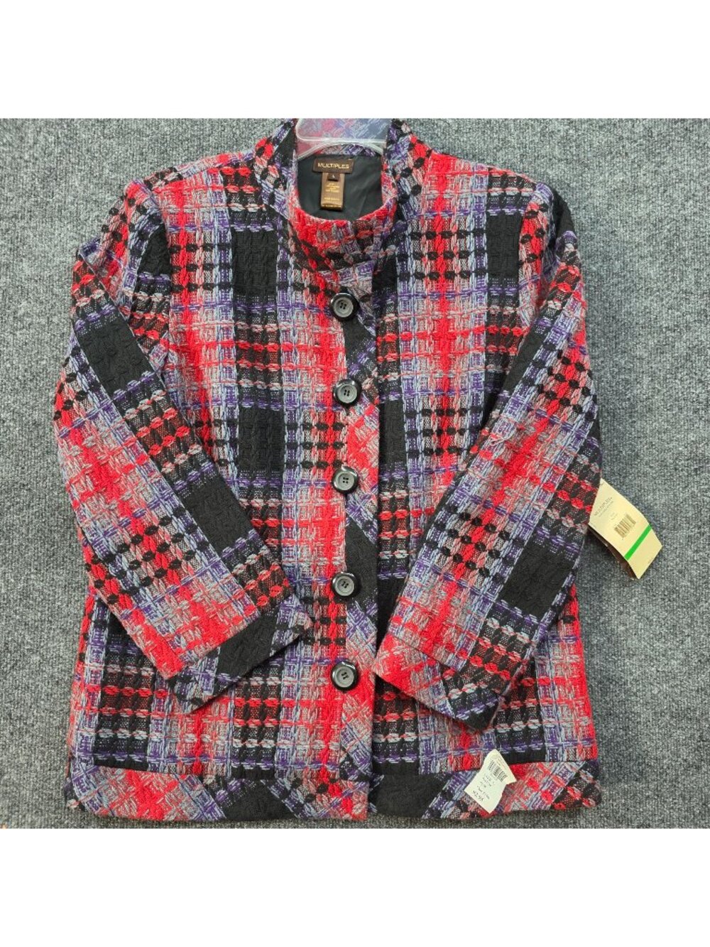 NEW Multiples L Plaid Textured Jacket Red Black Purple Artsy Statement Blazer